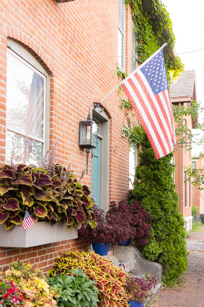 American flag on brick building in German Village, Columbus, OH
